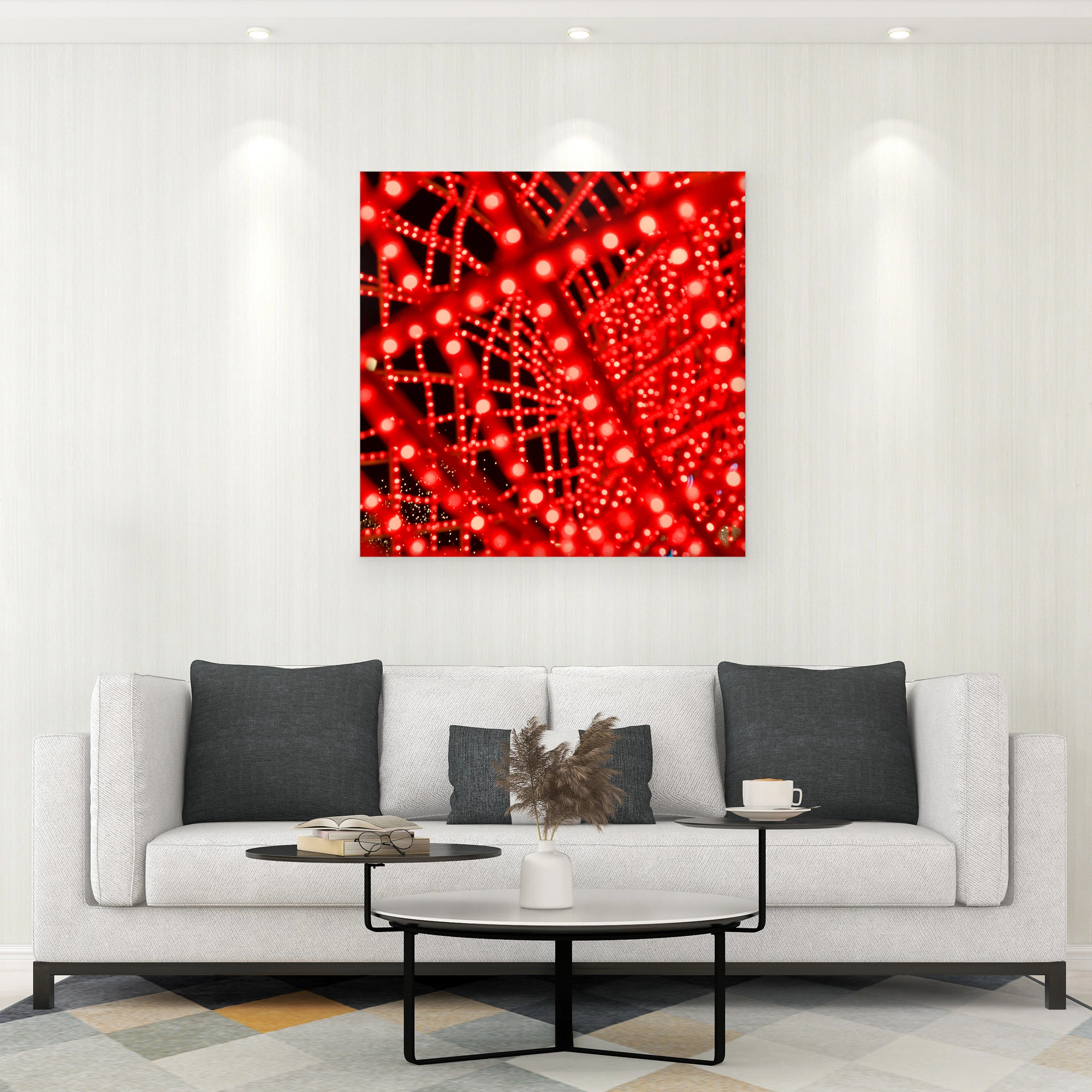 Berlin Weihnachtsmarkt rote Lichter, abstraktes Geflecht, Fotokunst „Leuchtendes Netzwerk“